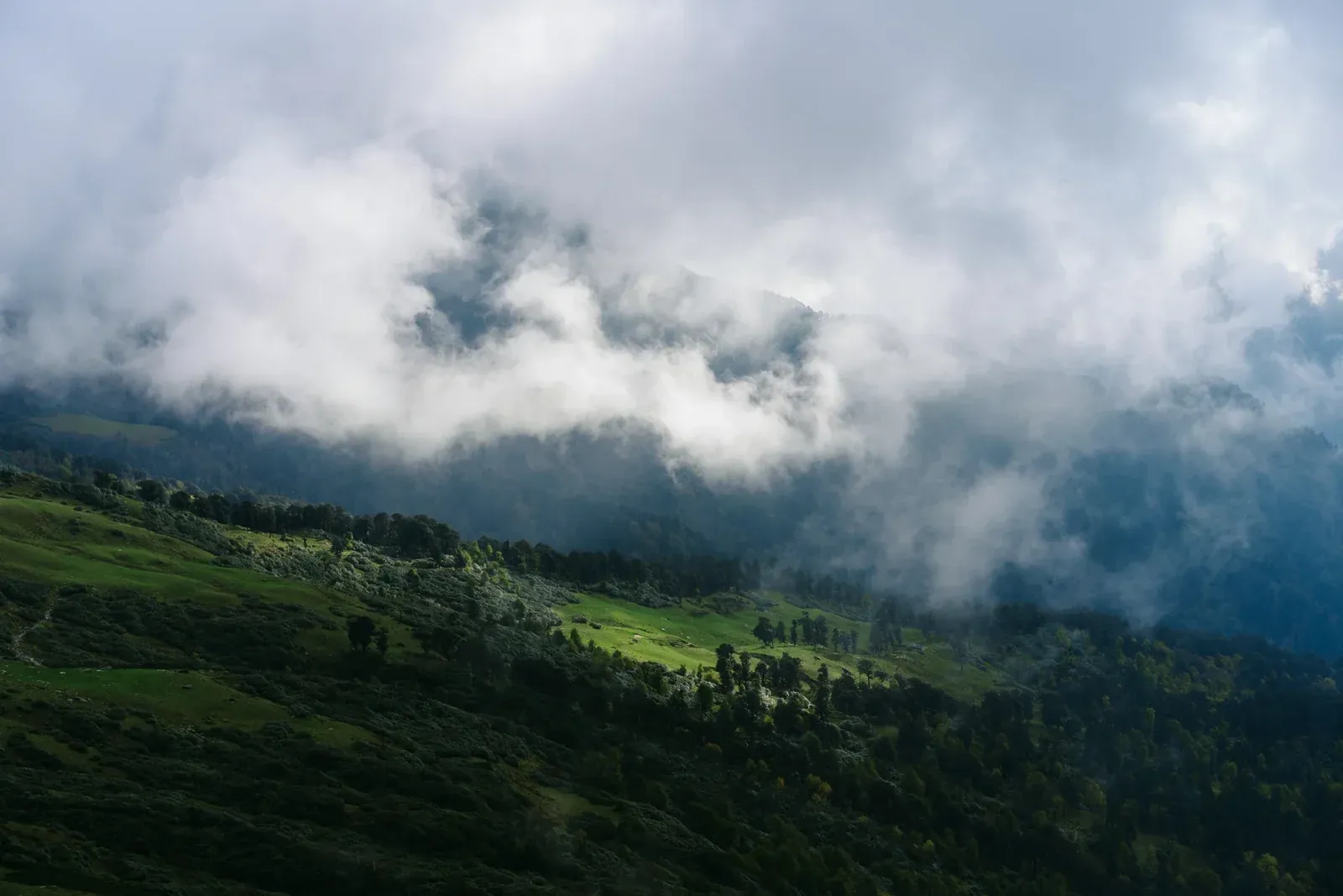Clouds drifting across green Himalayan slopes at Chanshal Pass, photographed by Himanshu Khagta