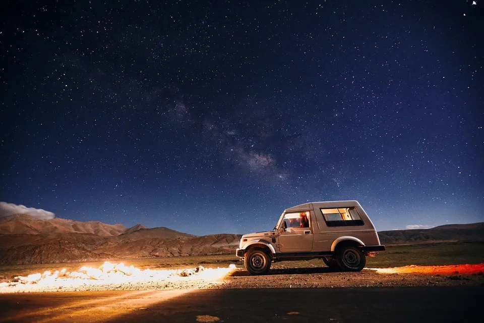 A car beneath the Milky Way in Hanle, Ladakh, photographed by Himanshu Khagta