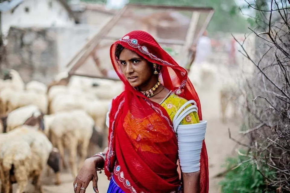 A Raika woman beside her sheep in Rajasthan