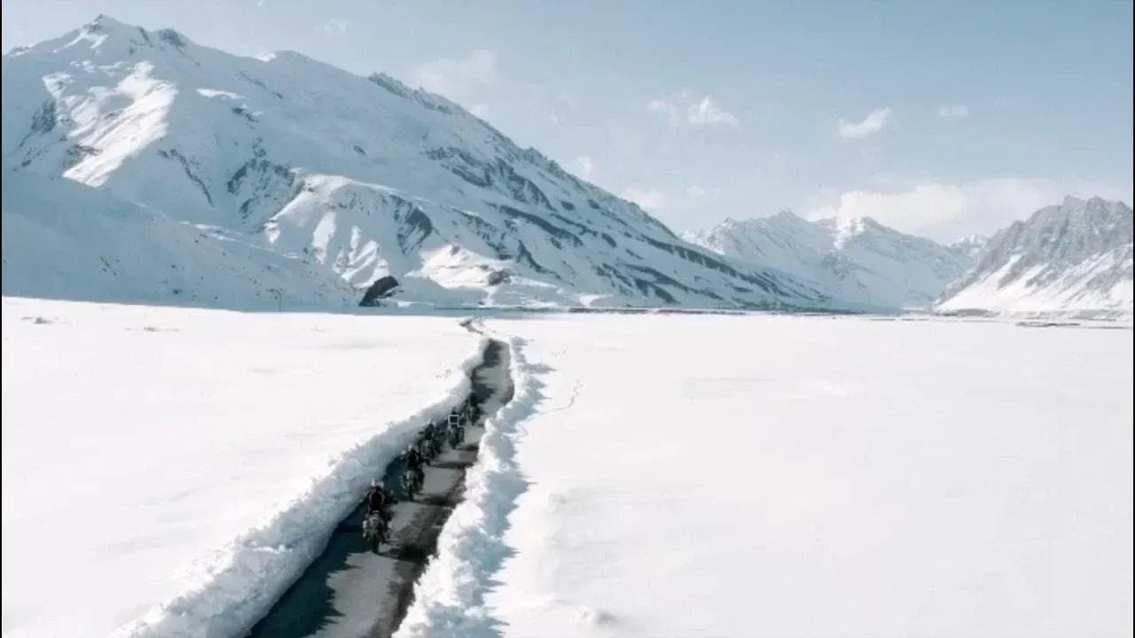 A motorcycle ride through deep snow, from the Royal Enfield film Go With The Snow