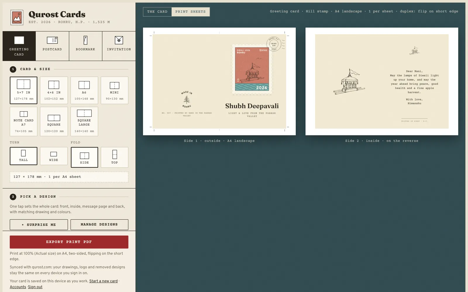 Qurost Cards: print sheets for a two-sided A4 print