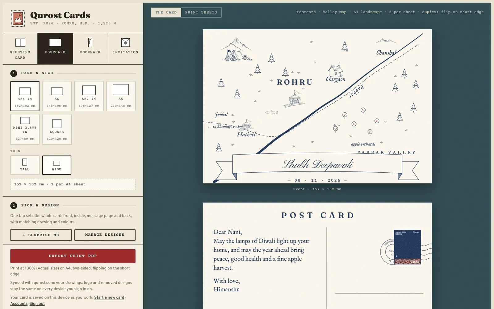 Qurost Cards: a postcard design with an illustrated map of Rohru