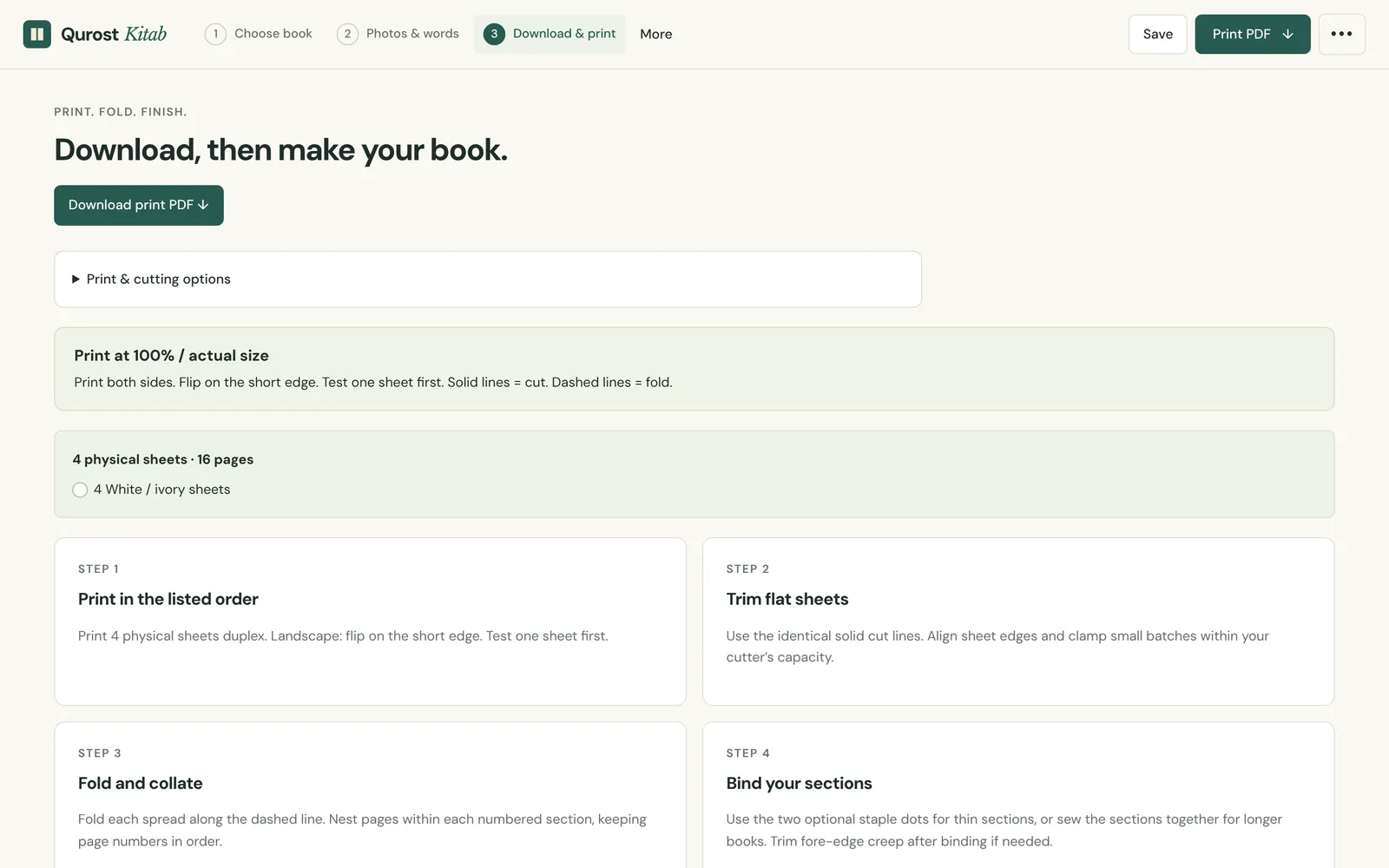 Qurost Kitab: download and make, with print, trim, fold and bind steps
