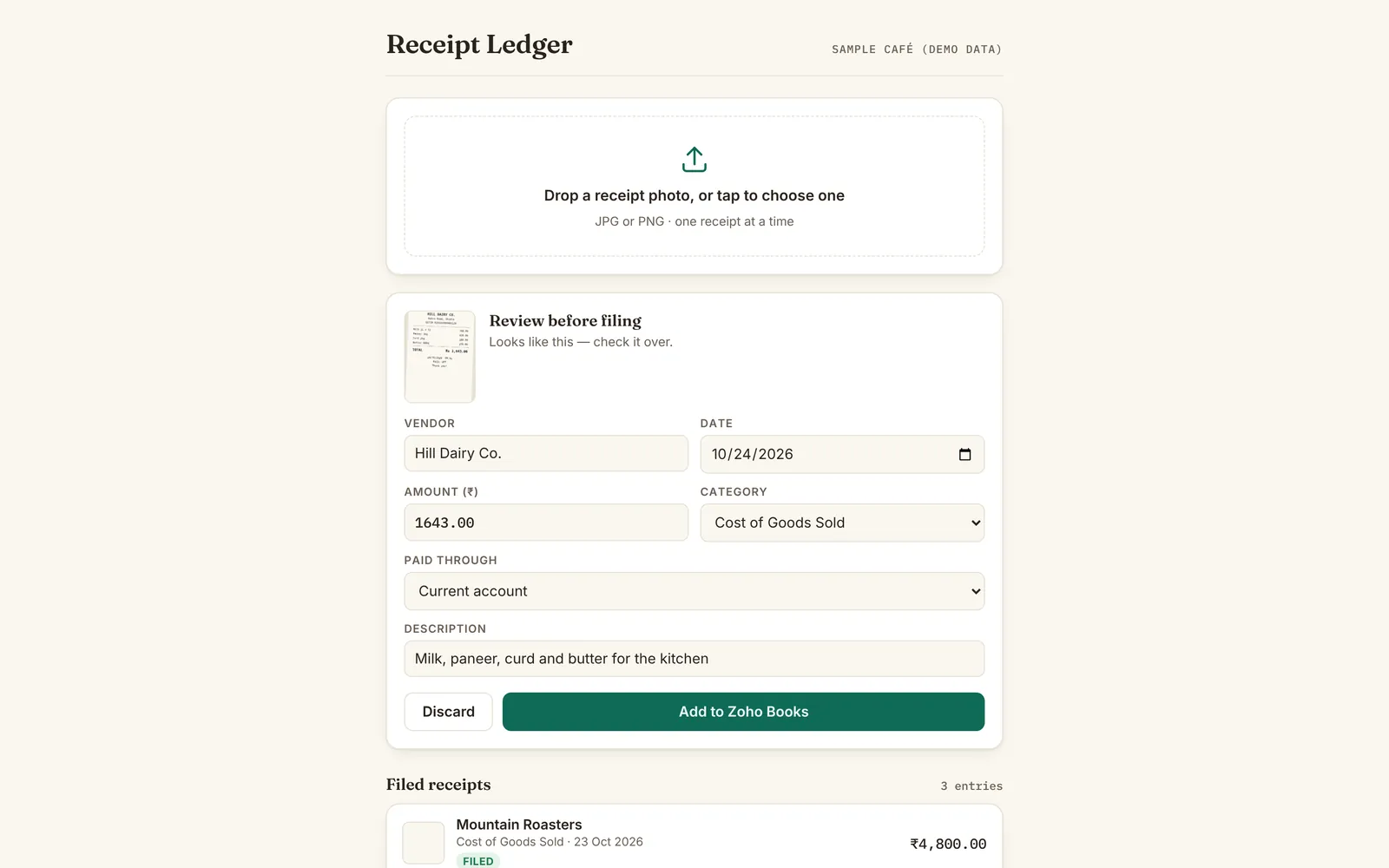 Receipt Ledger with sample data: a receipt read into vendor, date, amount and category