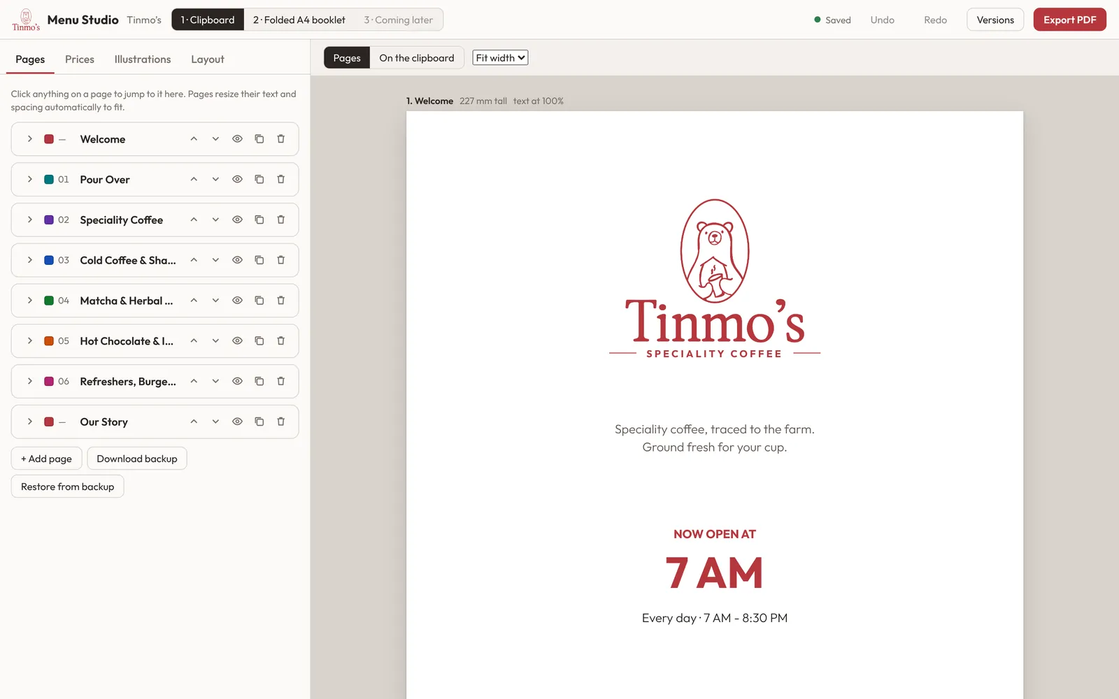 Tinmo’s Menu Studio: page list and the welcome page of the menu