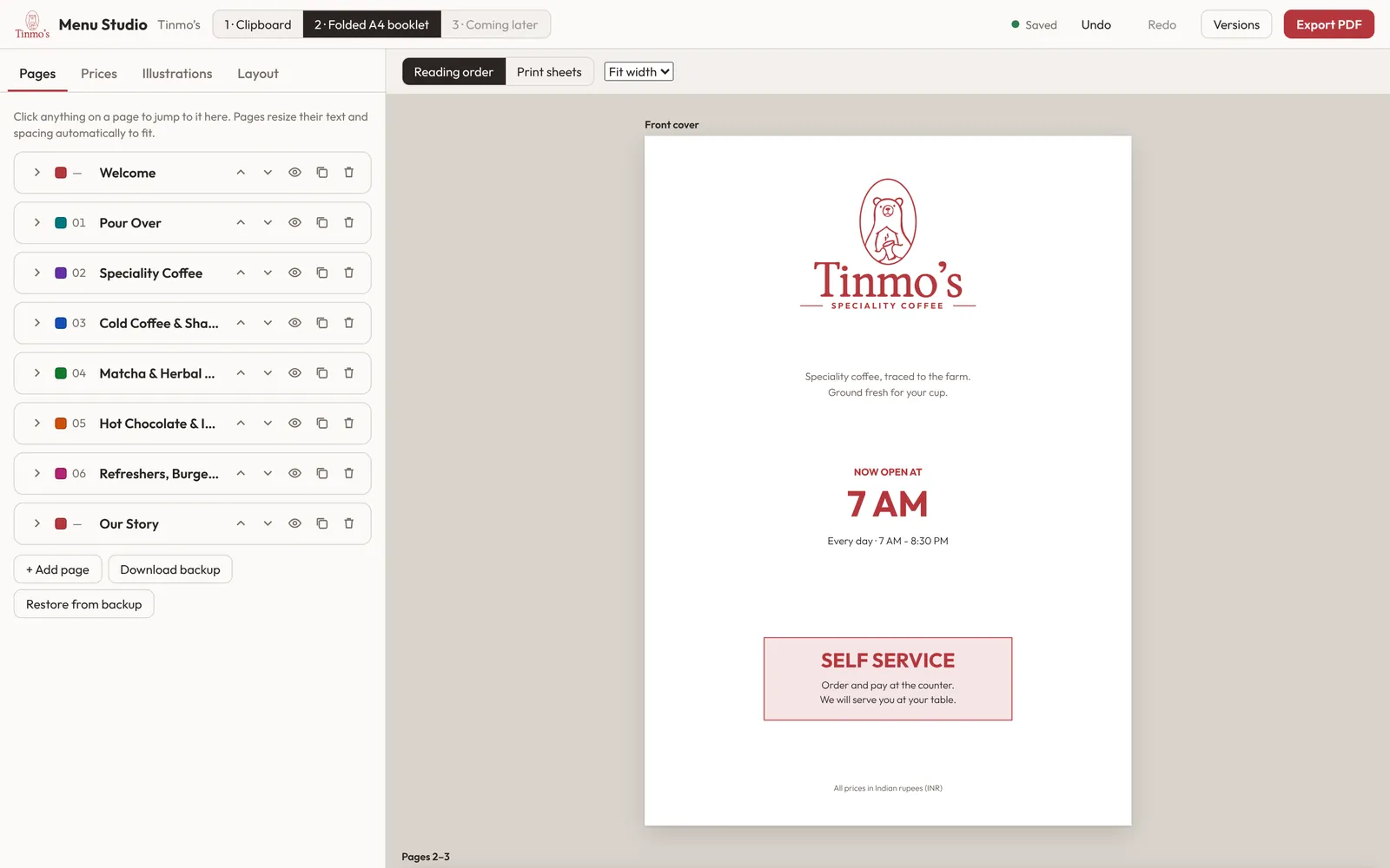 Tinmo’s Menu Studio: the folded A4 booklet view