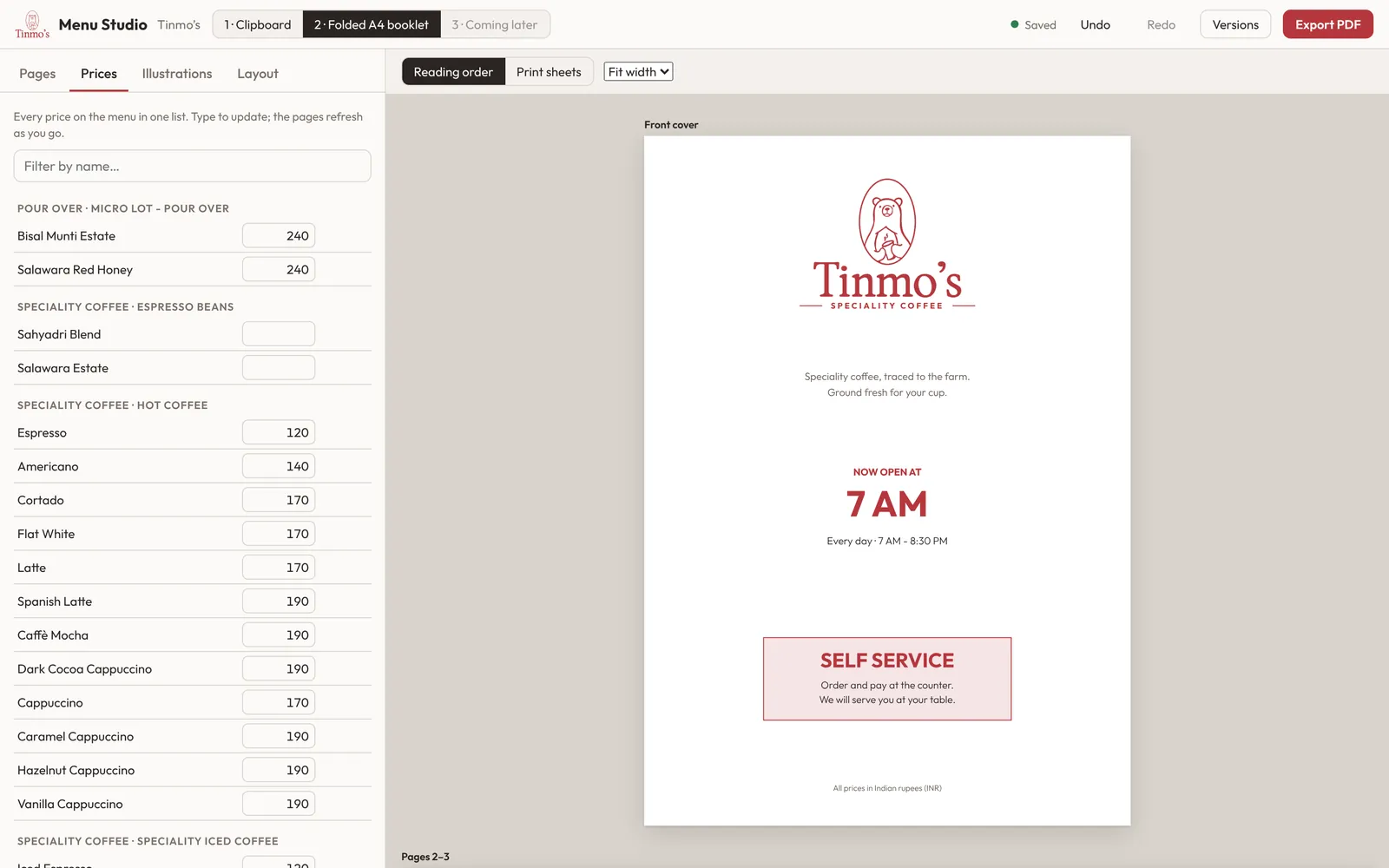 Tinmo’s Menu Studio: the price list beside the menu