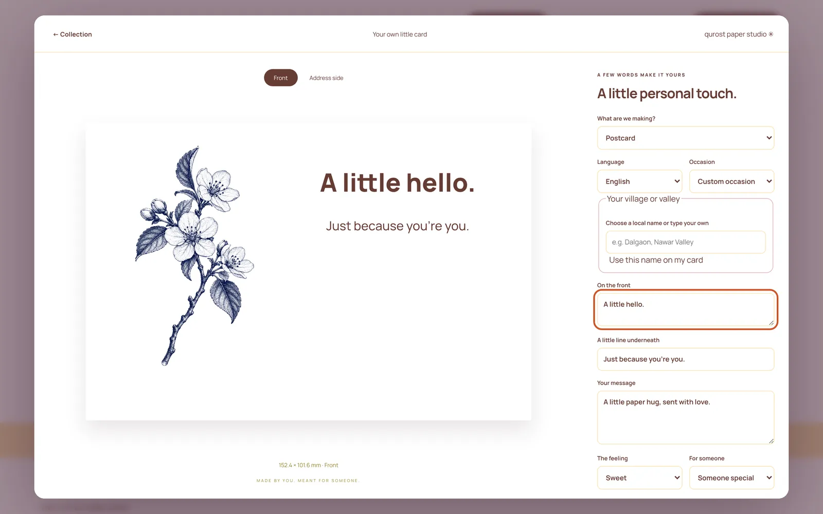 Qurost Paper Studio: writing a postcard with a botanical drawing