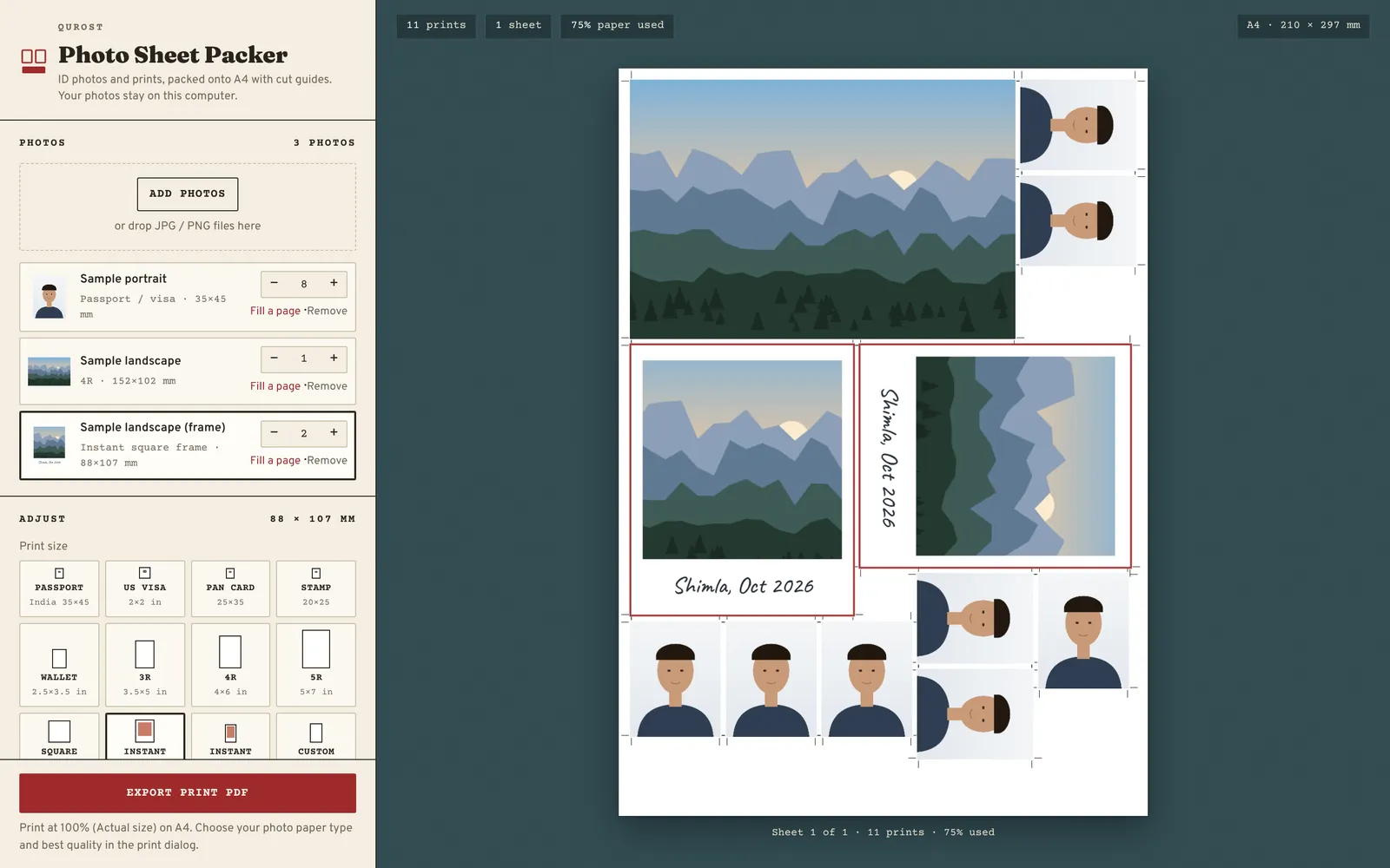 Photo Sheet Packer: passport photos, a landscape print and instant frames on one sheet