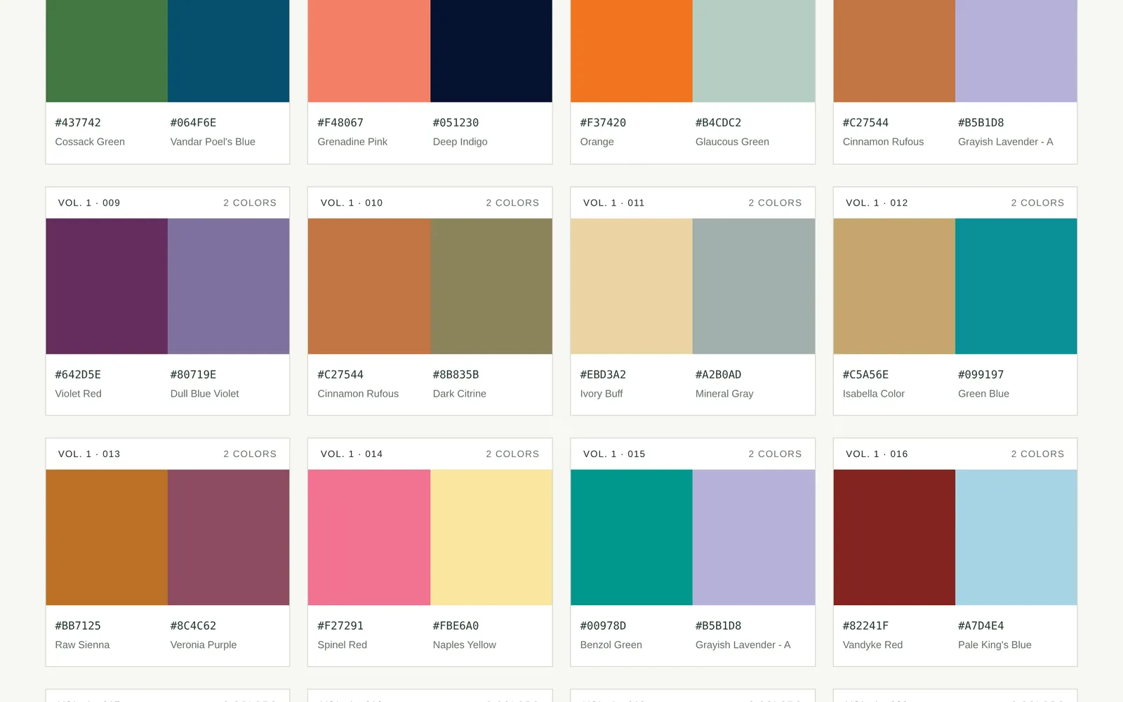Qurost Rang: rows of colour combinations with hex codes and names