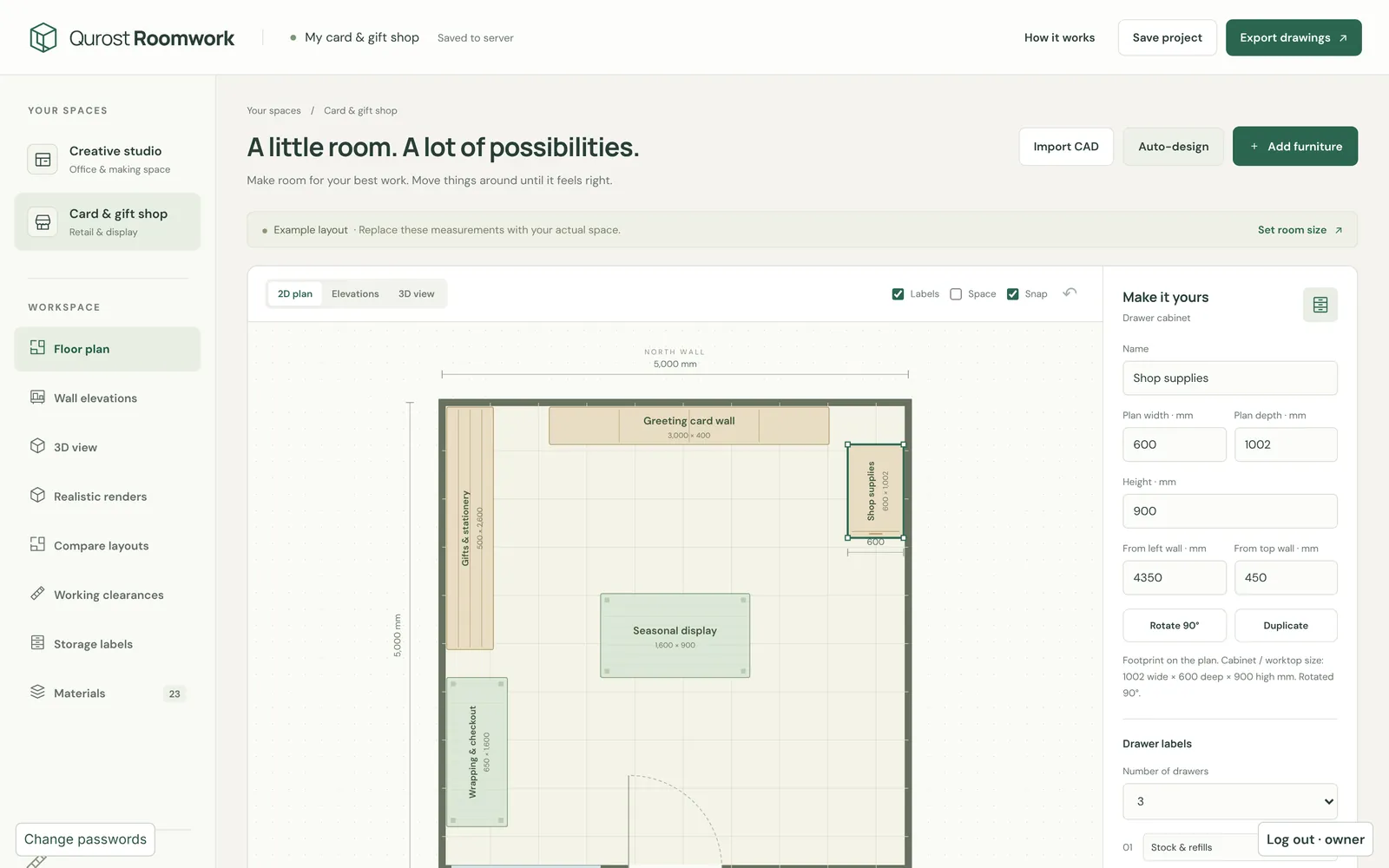 Qurost Roomwork: the card and gift shop floor plan