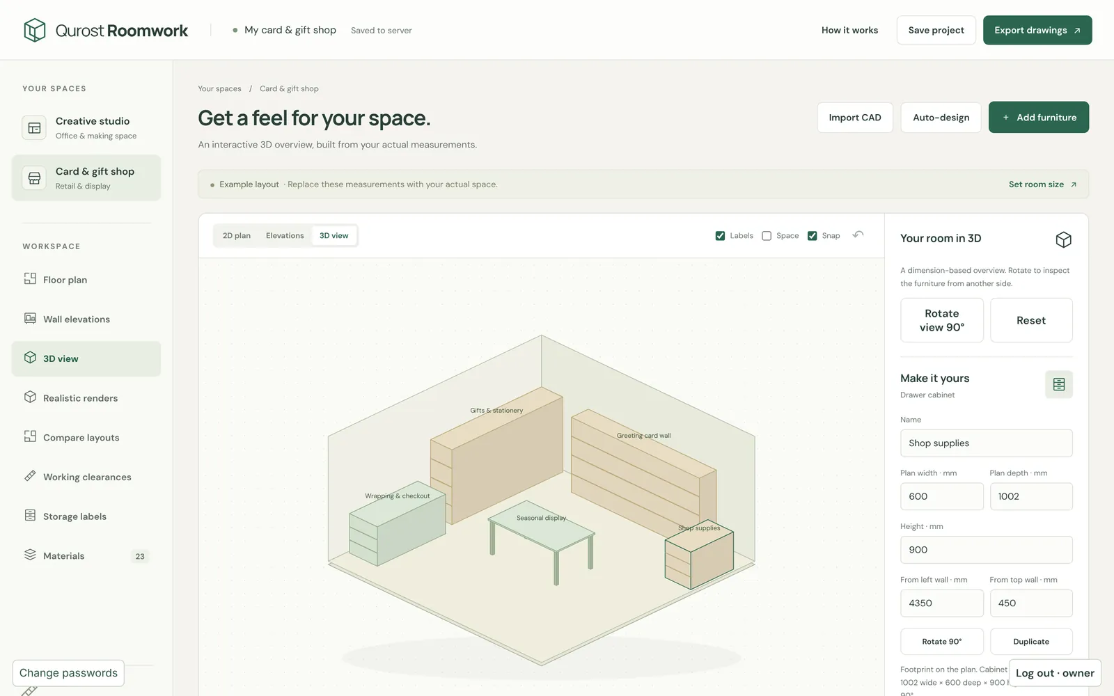 Qurost Roomwork: the shop in 3D