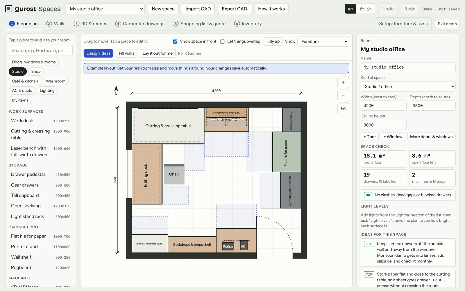 Qurost Spaces: a studio floor plan with furniture and a space check