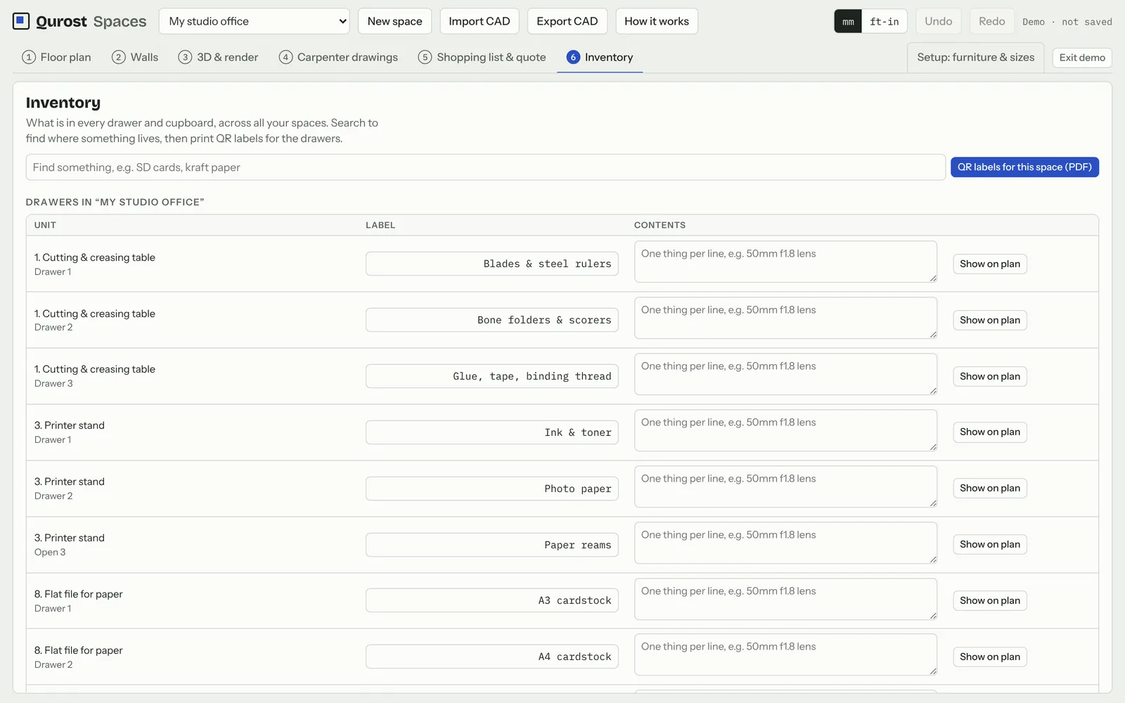 Qurost Spaces: the drawer inventory with QR labels